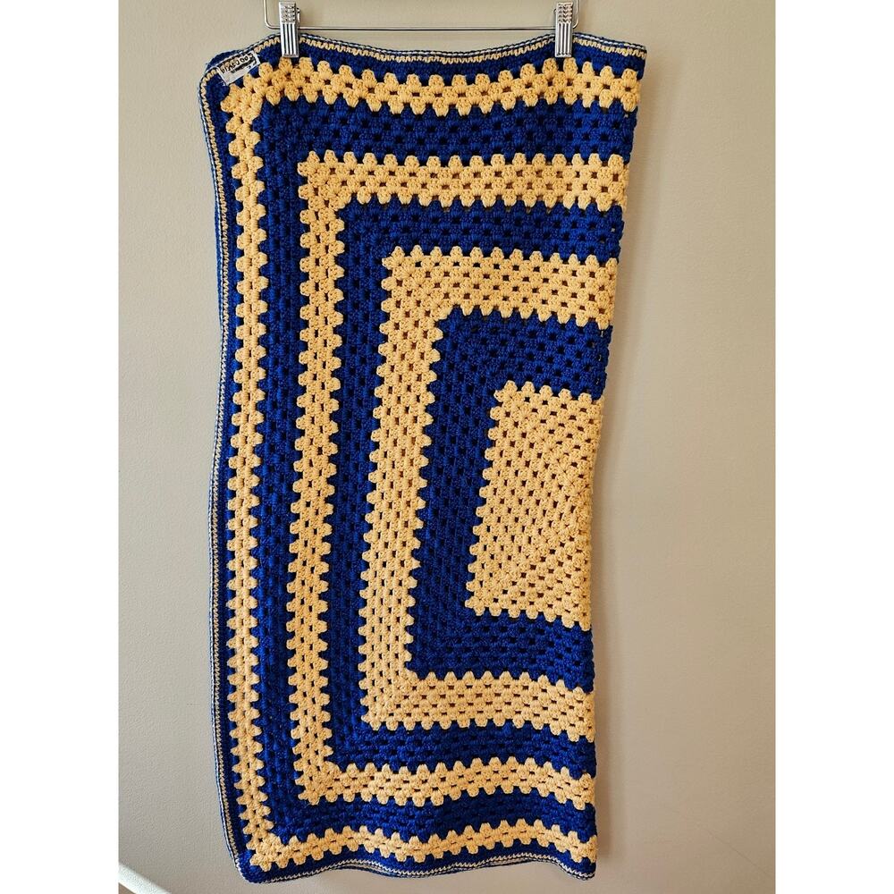 Vintage 35" x 35" Hand Made Granny Square Crochet Afghan Blanket Blue Yellow